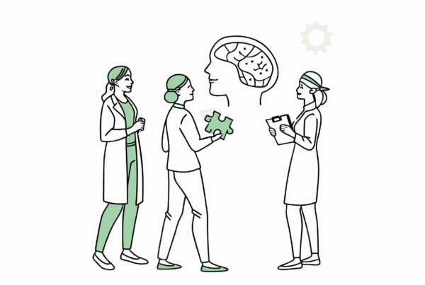 SovDoc healthcare M&A illustration depicting medical business brokers collaborating on geriatric behavioral health practice mergers and acquisitions, symbolized by figures connecting puzzle pieces around a brain with gears representing expert advisory services.