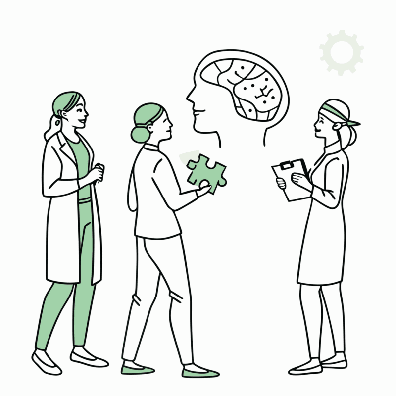 SovDoc healthcare M&A illustration depicting medical business brokers collaborating on geriatric behavioral health practice mergers and acquisitions, symbolized by figures connecting puzzle pieces around a brain with gears representing expert advisory services.