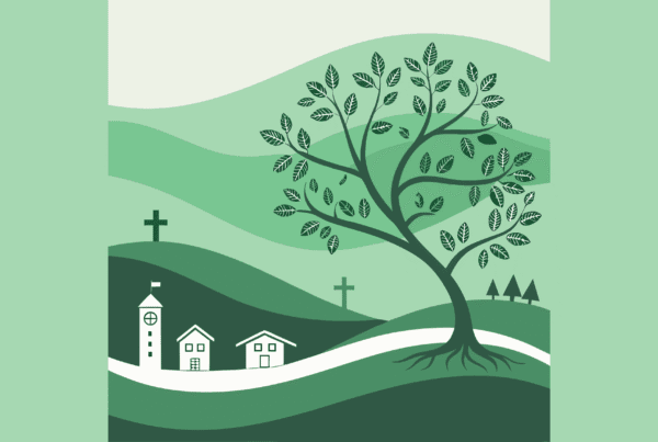 Stylized green landscape with tree-like network featuring medical facility symbols - representing SovDoc's expertise in hospice care mergers and acquisitions for medical business brokers.