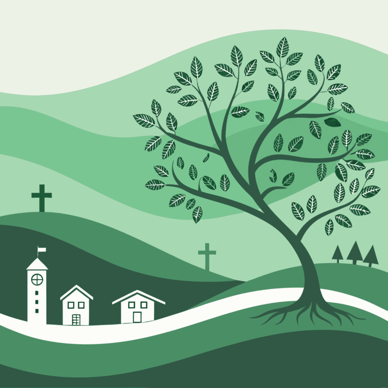 Stylized green landscape with tree-like network featuring medical facility symbols - representing SovDoc's expertise in hospice care mergers and acquisitions for medical business brokers.