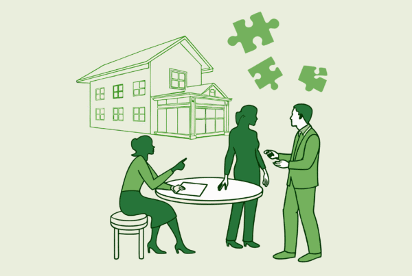 Stylized illustration of business professionals discussing memory care center acquisitions, represented by puzzle pieces connecting to a care facility, highlighting SovDoc's specialized healthcare M&A advisory services for memory care practice transactions.