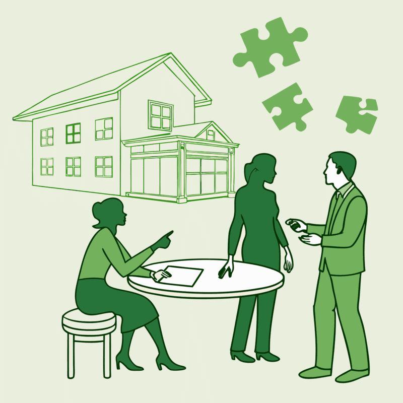 Stylized illustration of business professionals discussing memory care center acquisitions, represented by puzzle pieces connecting to a care facility, highlighting SovDoc's specialized healthcare M&A advisory services for memory care practice transactions.