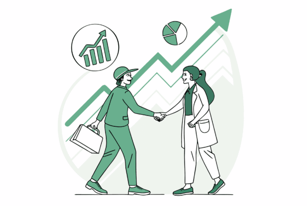 Stylized vector illustration showing handshake between broker and hand therapy practice owner with upward trending graph, representing occupational and hand therapy practice mergers and acquisitions. SovDoc healthcare M&A advisory services for medical business transactions.