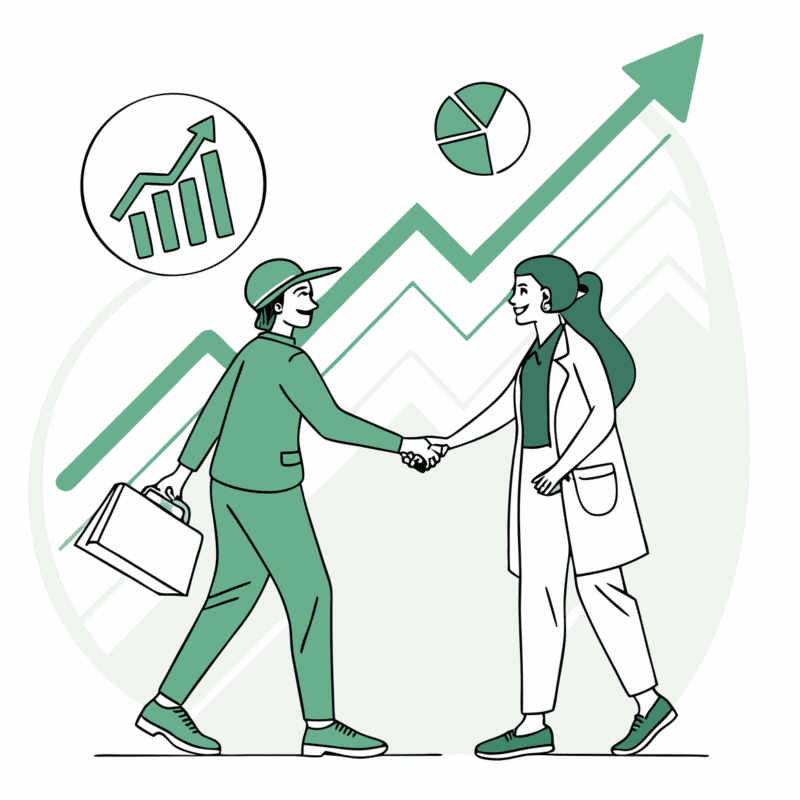 Stylized vector illustration showing handshake between broker and hand therapy practice owner with upward trending graph, representing occupational and hand therapy practice mergers and acquisitions. SovDoc healthcare M&A advisory services for medical business transactions.