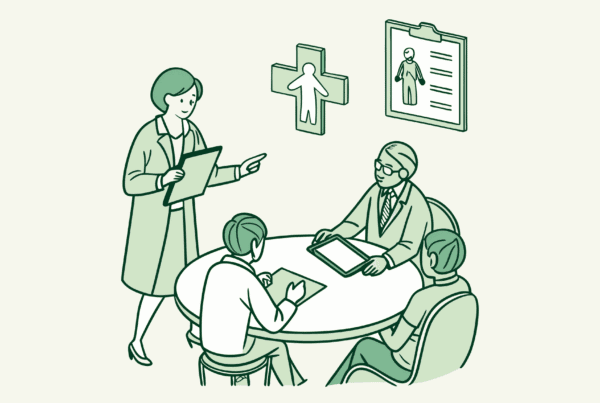 Stylized illustration of diverse business advisors collaborating at a round table with pediatric physical therapy symbol, representing SovDOC's expertise in pediatric therapy practice mergers and acquisitions.