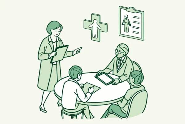 Stylized illustration of diverse business advisors collaborating at a round table with pediatric physical therapy symbol, representing SovDOC's expertise in pediatric therapy practice mergers and acquisitions.