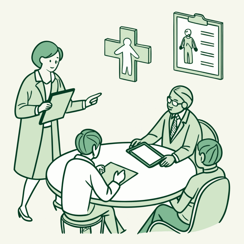 Stylized illustration of diverse business advisors collaborating at a round table with pediatric physical therapy symbol, representing SovDOC's expertise in pediatric therapy practice mergers and acquisitions.