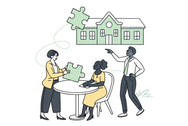 SovDoc healthcare M&A illustration showing professionals collaborating around a table with puzzle pieces symbolizing school and community-based ABA practice mergers and acquisitions, representing healthcare practice integration expertise.
