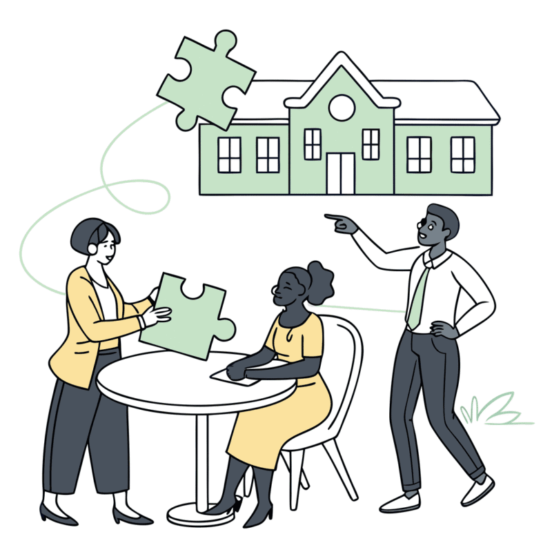 SovDoc healthcare M&A illustration showing professionals collaborating around a table with puzzle pieces symbolizing school and community-based ABA practice mergers and acquisitions, representing healthcare practice integration expertise.