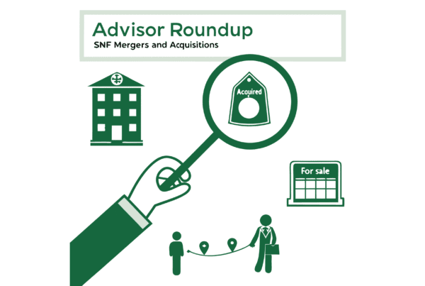 Minimalist green vector illustration representing skilled nursing facility M&A advisory services for SovDoc, featuring a stethoscope infinity loop, magnifying glass examining SNF buildings, and abstract figures of medical business brokers discussing healthcare acquisitions.