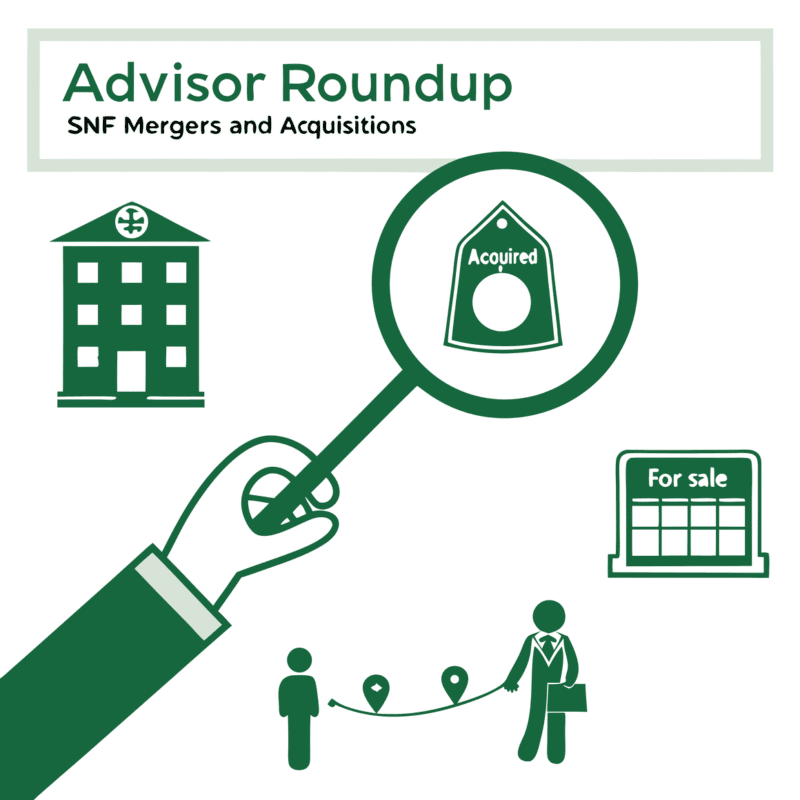 Minimalist green vector illustration representing skilled nursing facility M&A advisory services for SovDoc, featuring a stethoscope infinity loop, magnifying glass examining SNF buildings, and abstract figures of medical business brokers discussing healthcare acquisitions.
