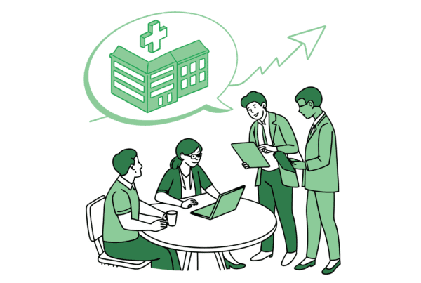 SovDoc healthcare M&A consultants collaborating around a table viewing financial projections and facility layouts for assisted living facility valuation and strategic acquisition planning.