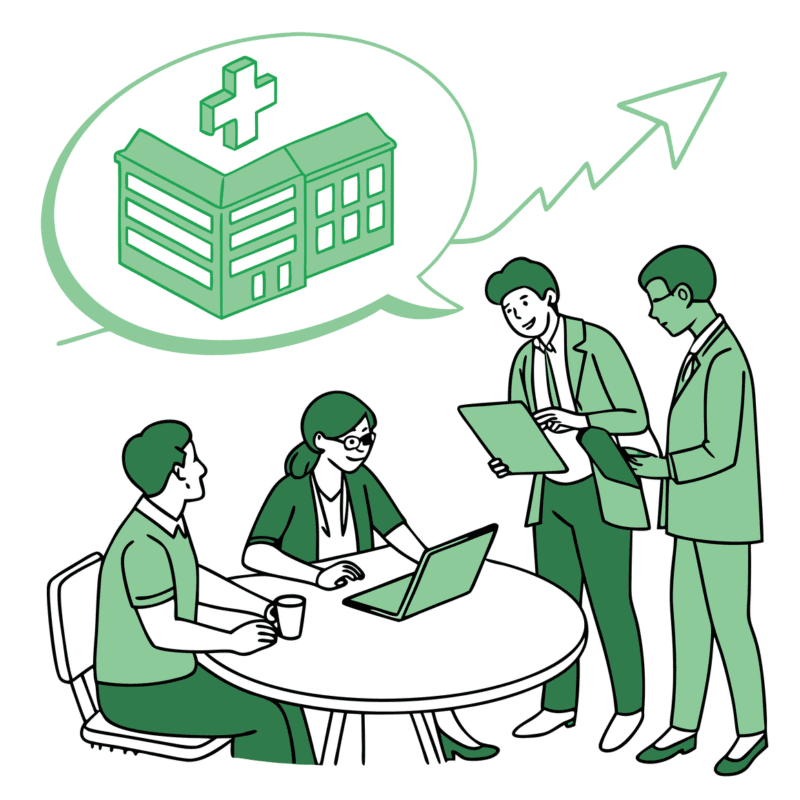 SovDoc healthcare M&A consultants collaborating around a table viewing financial projections and facility layouts for assisted living facility valuation and strategic acquisition planning.