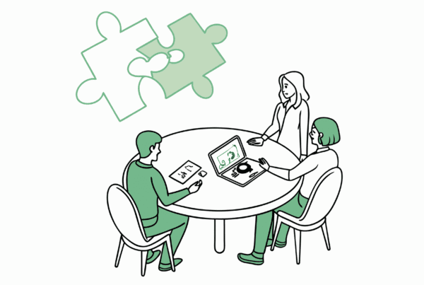 Illustration of valuation consultants discussing ABA therapy clinic mergers and acquisitions at a roundtable meeting. SovDoc healthcare M&A advisors analyzing practice valuation documents and financial data, represented by minimalist figures collaborating around a table with healthcare and integration symbolism.