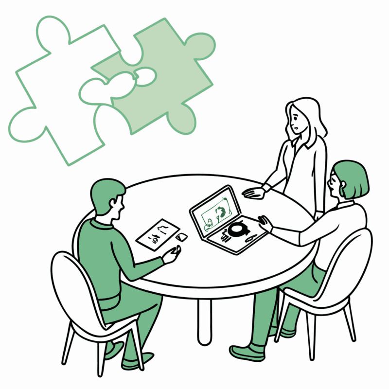 Illustration of valuation consultants discussing ABA therapy clinic mergers and acquisitions at a roundtable meeting. SovDoc healthcare M&A advisors analyzing practice valuation documents and financial data, represented by minimalist figures collaborating around a table with healthcare and integration symbolism.