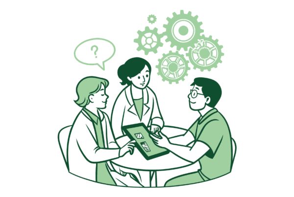 Stylized illustration of healthcare consultants discussing geriatric behavioral health practice valuation for M&A - SovDoc healthcare merger and acquisition advisors providing strategic valuation expertise for medical practice owners considering transitions.