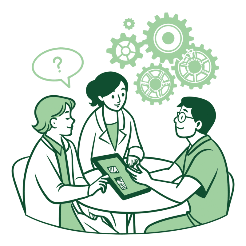Stylized illustration of healthcare consultants discussing geriatric behavioral health practice valuation for M&A - SovDoc healthcare merger and acquisition advisors providing strategic valuation expertise for medical practice owners considering transitions.