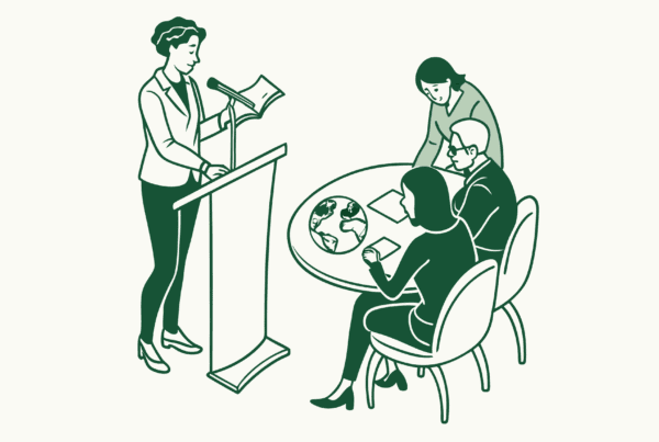 Stylized illustration of a healthcare advisor presenting to attentive figures around a curved table, representing SovDoc's memory care valuation consultants for medical practice mergers and acquisitions.