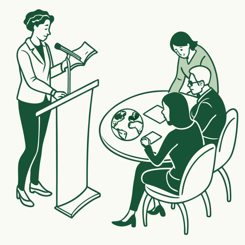 Stylized illustration of a healthcare advisor presenting to attentive figures around a curved table, representing SovDoc's memory care valuation consultants for medical practice mergers and acquisitions.