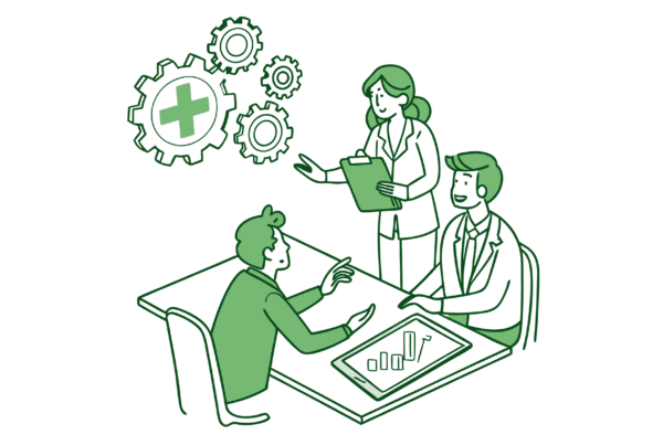 Alt text: Stylized consultants collaborating around a table with therapy practice symbols and M&A projections - SovOC healthcare valuation experts supporting occupational and hand therapy practice mergers and acquisitions.