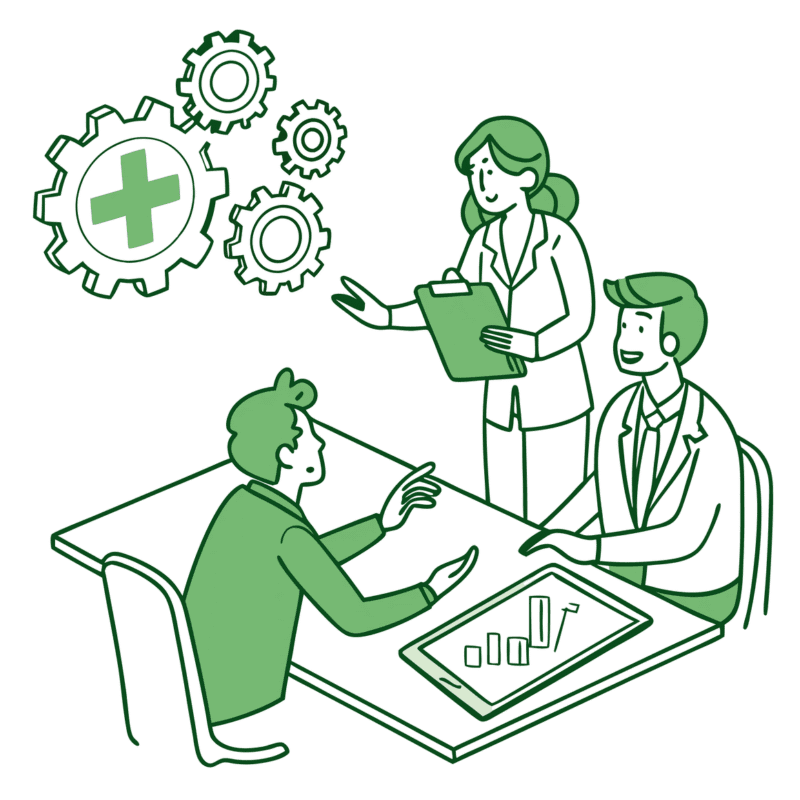 Alt text: Stylized consultants collaborating around a table with therapy practice symbols and M&A projections - SovOC healthcare valuation experts supporting occupational and hand therapy practice mergers and acquisitions.