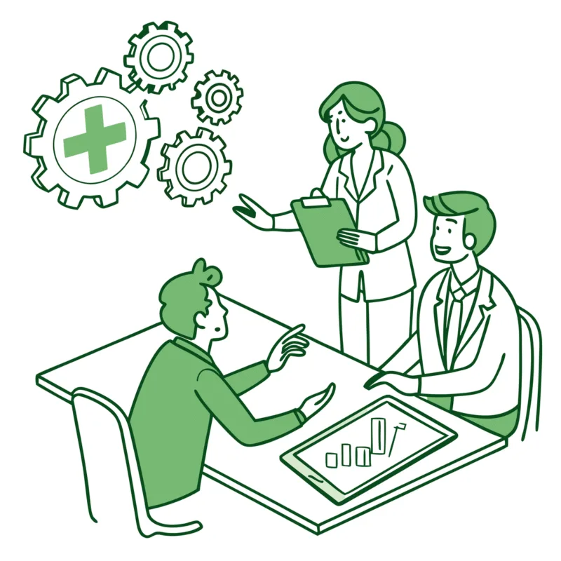 Alt text: Stylized consultants collaborating around a table with therapy practice symbols and M&A projections - SovOC healthcare valuation experts supporting occupational and hand therapy practice mergers and acquisitions.