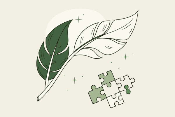 SovDoc healthcare illustration representing palliative care M&A consulting - green leaf with medical cross above integrated puzzle pieces symbolizing collaborative valuation services for medical practice mergers and acquisitions in palliative care.
