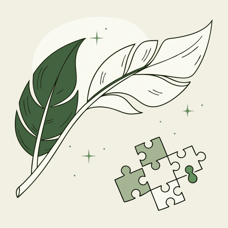 SovDoc healthcare illustration representing palliative care M&A consulting - green leaf with medical cross above integrated puzzle pieces symbolizing collaborative valuation services for medical practice mergers and acquisitions in palliative care.