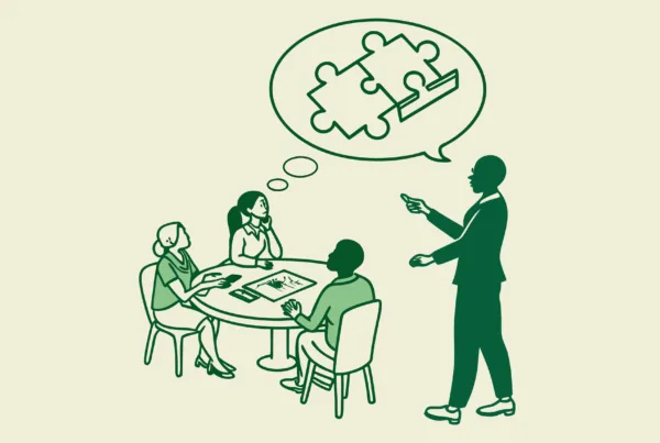 SovDoc healthcare M&A roundtable discussion depicting valuation consultants analyzing pediatric physical therapy practice mergers and acquisitions, with professional figures examining practice valuation elements represented by puzzle pieces
