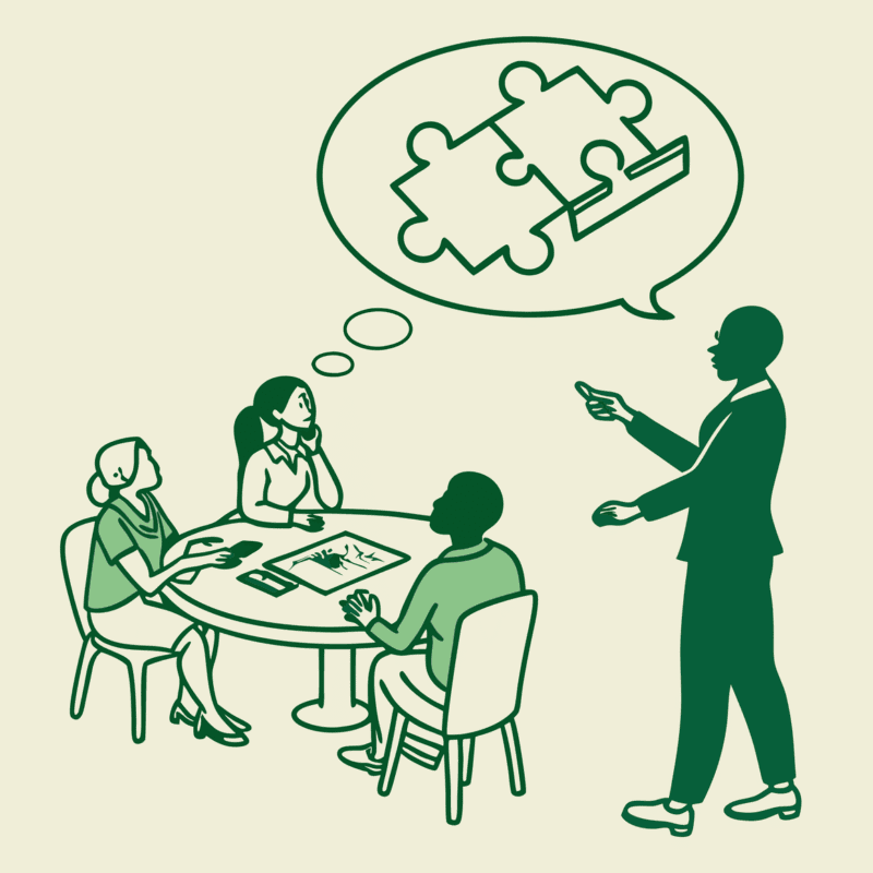 SovDoc healthcare M&A roundtable discussion depicting valuation consultants analyzing pediatric physical therapy practice mergers and acquisitions, with professional figures examining practice valuation elements represented by puzzle pieces