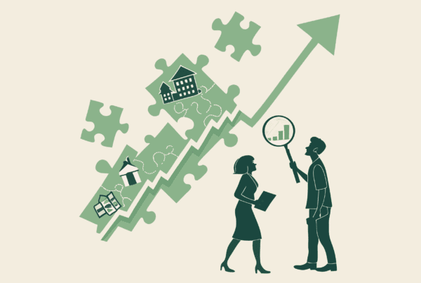 Stylized illustration showing interconnected puzzle pieces representing healthcare facility integration, with abstract business figures analyzing mergers and acquisitions in School & Community-Based ABA practices. SovDoc provides specialized valuation consulting for healthcare M&A transactions.
