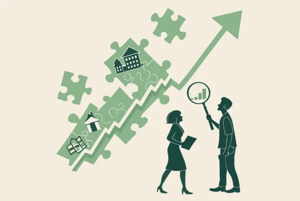 Stylized illustration showing interconnected puzzle pieces representing healthcare facility integration, with abstract business figures analyzing mergers and acquisitions in School & Community-Based ABA practices. SovDoc provides specialized valuation consulting for healthcare M&A transactions.
