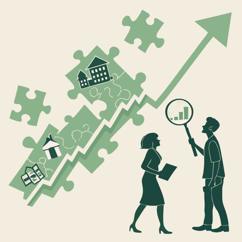 Stylized illustration showing interconnected puzzle pieces representing healthcare facility integration, with abstract business figures analyzing mergers and acquisitions in School & Community-Based ABA practices. SovDoc provides specialized valuation consulting for healthcare M&A transactions.