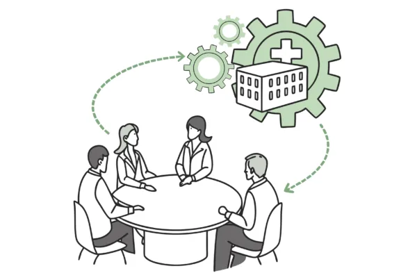 SovDoc healthcare M&A consultation - Silhouetted advisors around a table connected to a skilled nursing facility symbol with gears overhead, representing specialized valuation services for SNF mergers and acquisitions in healthcare organizations.