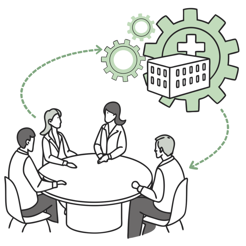 SovDoc healthcare M&A consultation - Silhouetted advisors around a table connected to a skilled nursing facility symbol with gears overhead, representing specialized valuation services for SNF mergers and acquisitions in healthcare organizations.