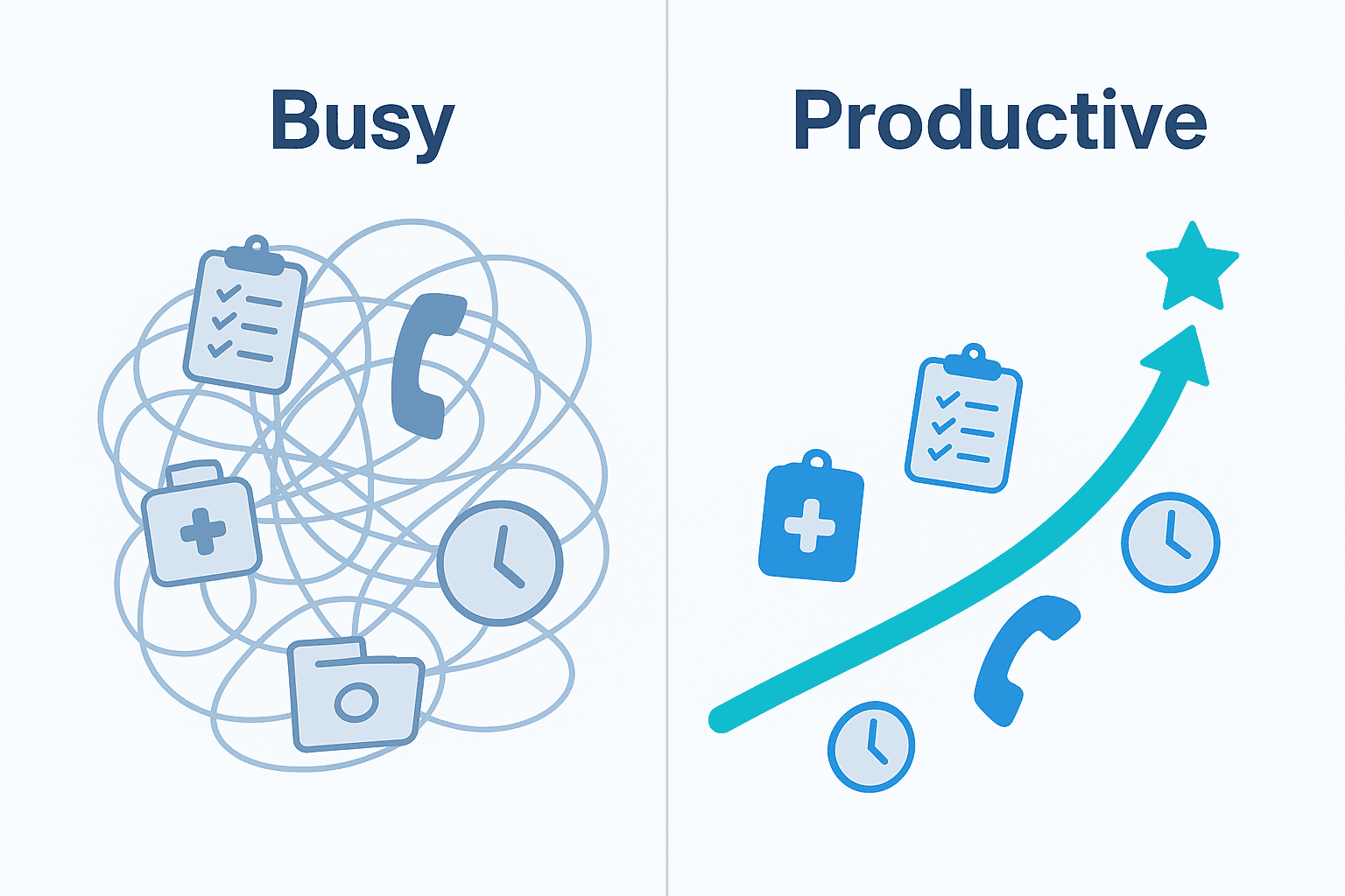 Illustration of busy vs. productive practice