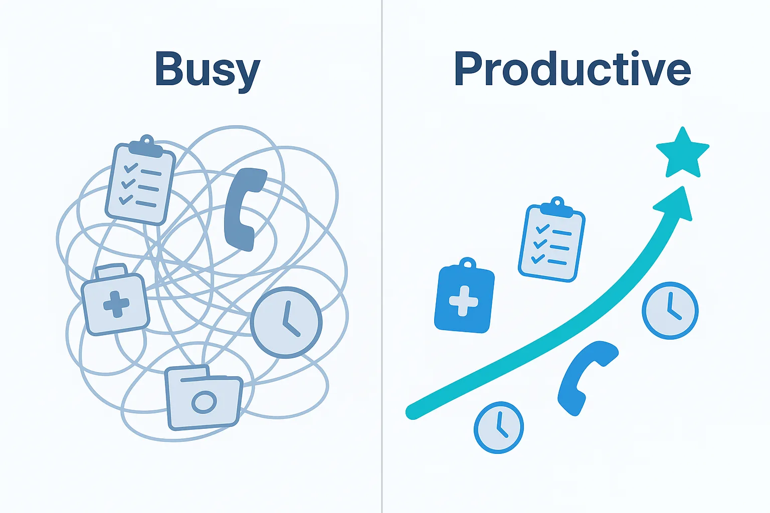 Illustration of busy vs. productive practice
